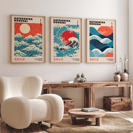 Japanese Vintage Hokusai Wall Art - Set of 3