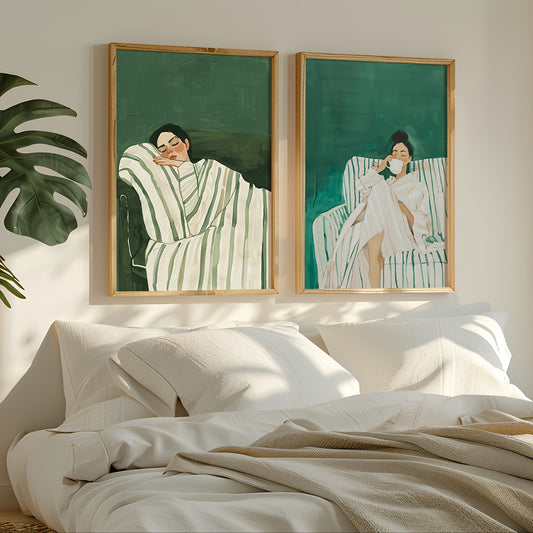 Jade Green Striped Woman - Set of 2 Wall Art Prints