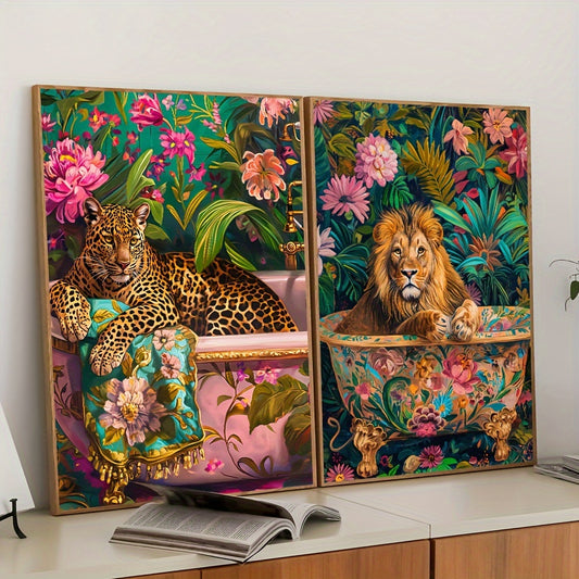 Lion & Leopard in Bathtubs - Wall Art Set of 2