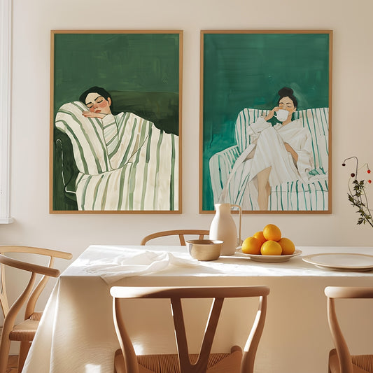 Jade Green Striped Woman - Set of 2 Wall Art Prints
